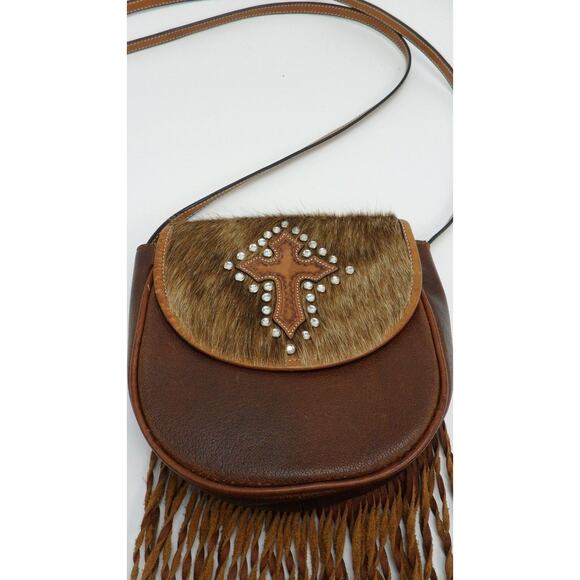 MONTANA SILVERSMITHS LEATHER CROSS HAIR FRINGED SHOULDER BAG PURSE HOT UNIQUE - Picture 3 of 8